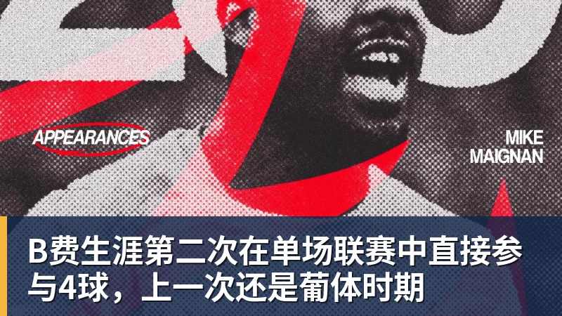 B费生涯第二次在单场联赛中直接参与4球，上一次还是葡体时期